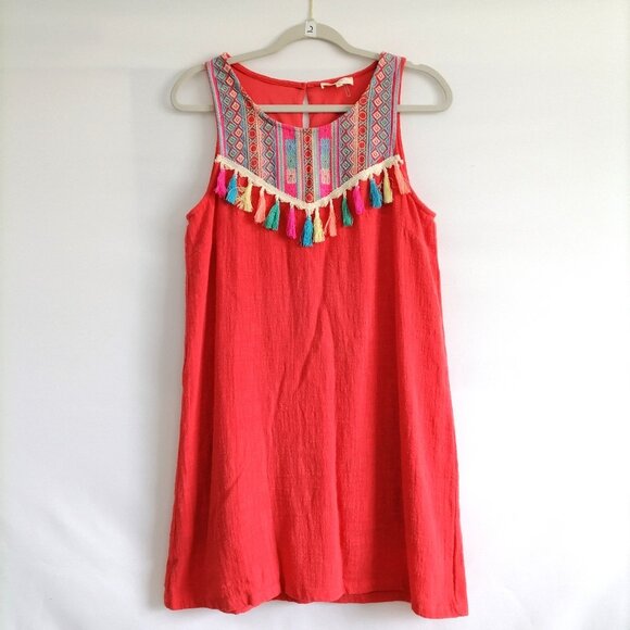 Entro Women's Pink Tasseled Diamond Print Boat Neck Sleeveless Dress Size Small - Picture 1 of 7